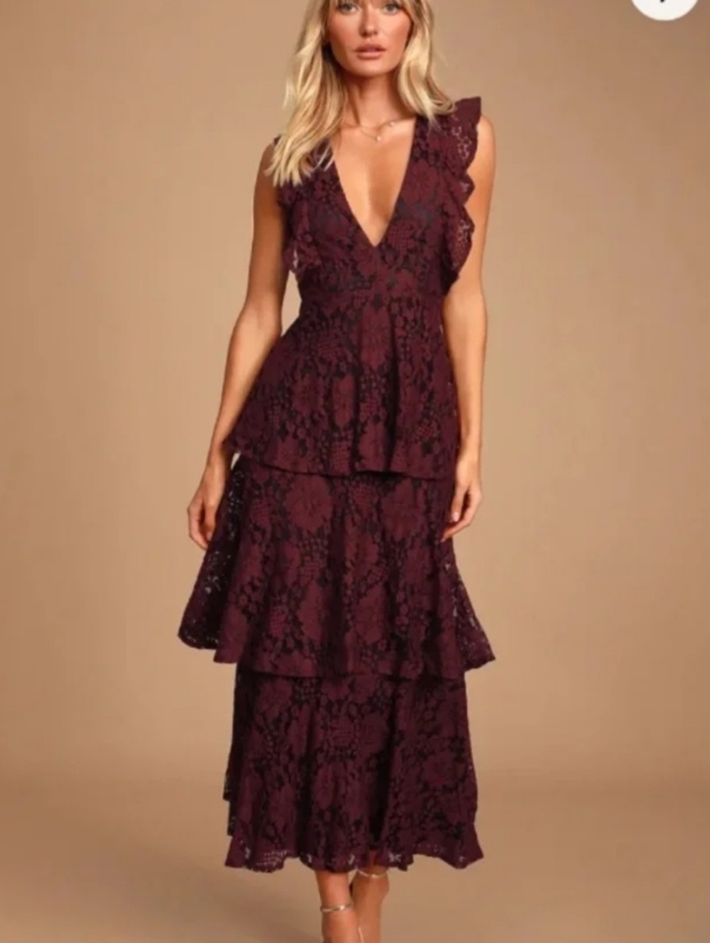Lulu's Burgundy Lace Tiered V-Neck Maxi Dress